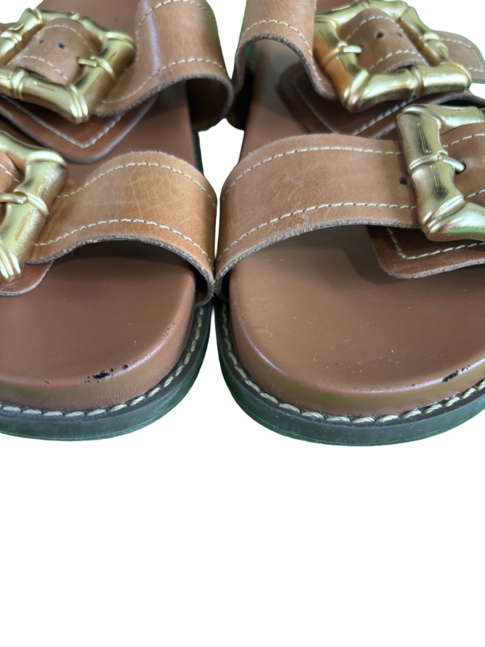 “Schutz Enola Brown Leather Double Buckle Slide Sandals Gold Hardware Size 8 - Picture 5 of 5